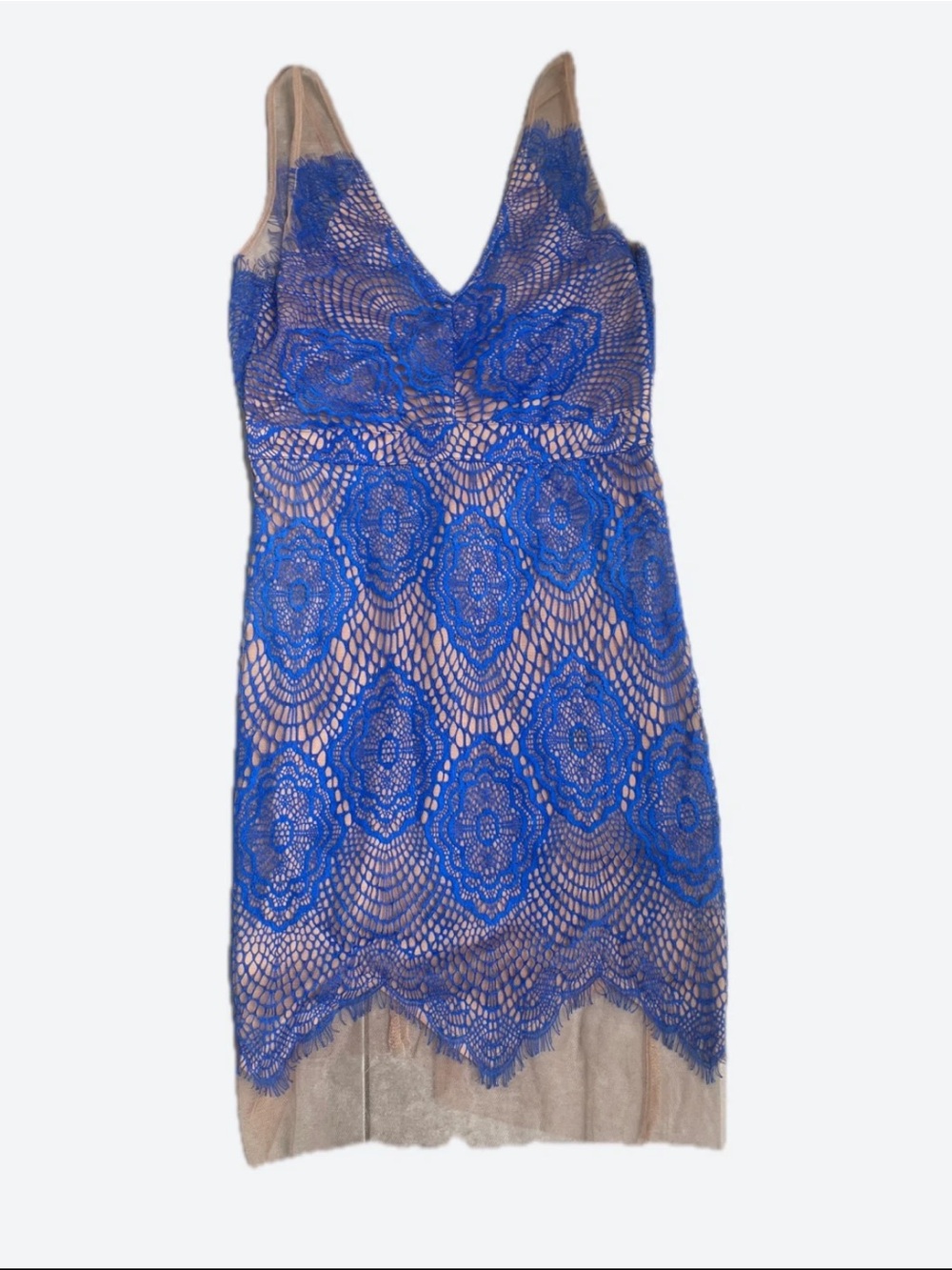 Blue Lace Overlay V-Neck Slip Dress